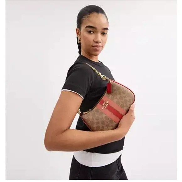 Coach Teri Shoulder Bag In Signature Canvas With Stripe In Tan Multi CAL81 NWT - Picture 9 of 10